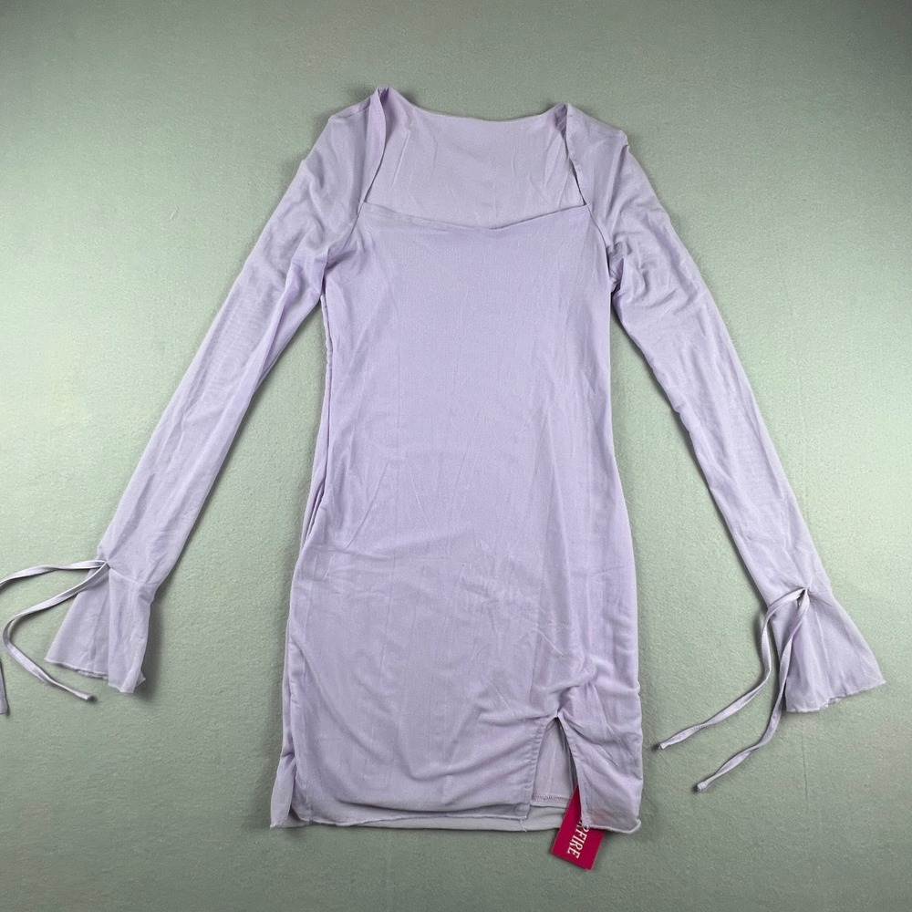 Y2K Sheer Lavender Bodycon Mini Dress Womens S Long Sleeve Bell Cuff Fairycore
